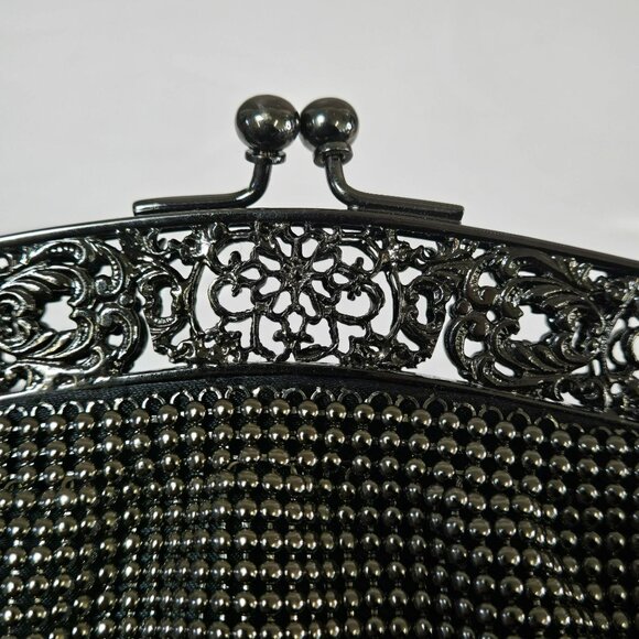 Vintage Talbots Black Beaded Evening Purse With Ornate Metal Frame & Chain Strap - Picture 4 of 10